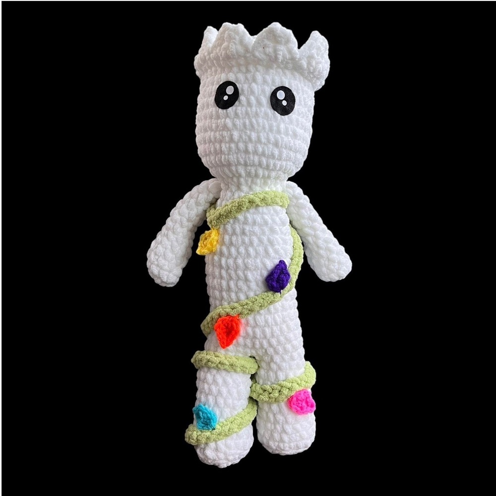 Handmade Crochet Holiday Groot Plush White Amigurumi Christmas Lights 19"